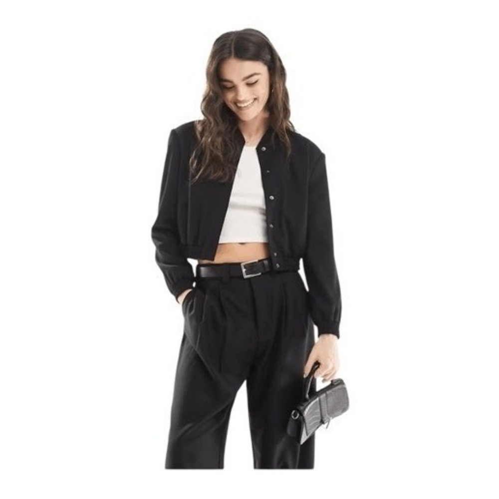 ASOS Design Strong Shoulder Tailored Bomber Jacket Black 4 - Picture 1 of 10